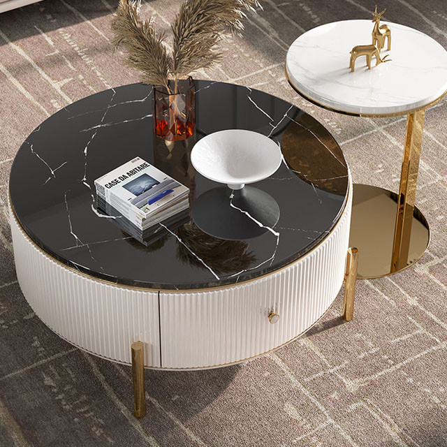 P2 MDF Body Round Coffee Table With Storage Marble Texture ISO Certificated