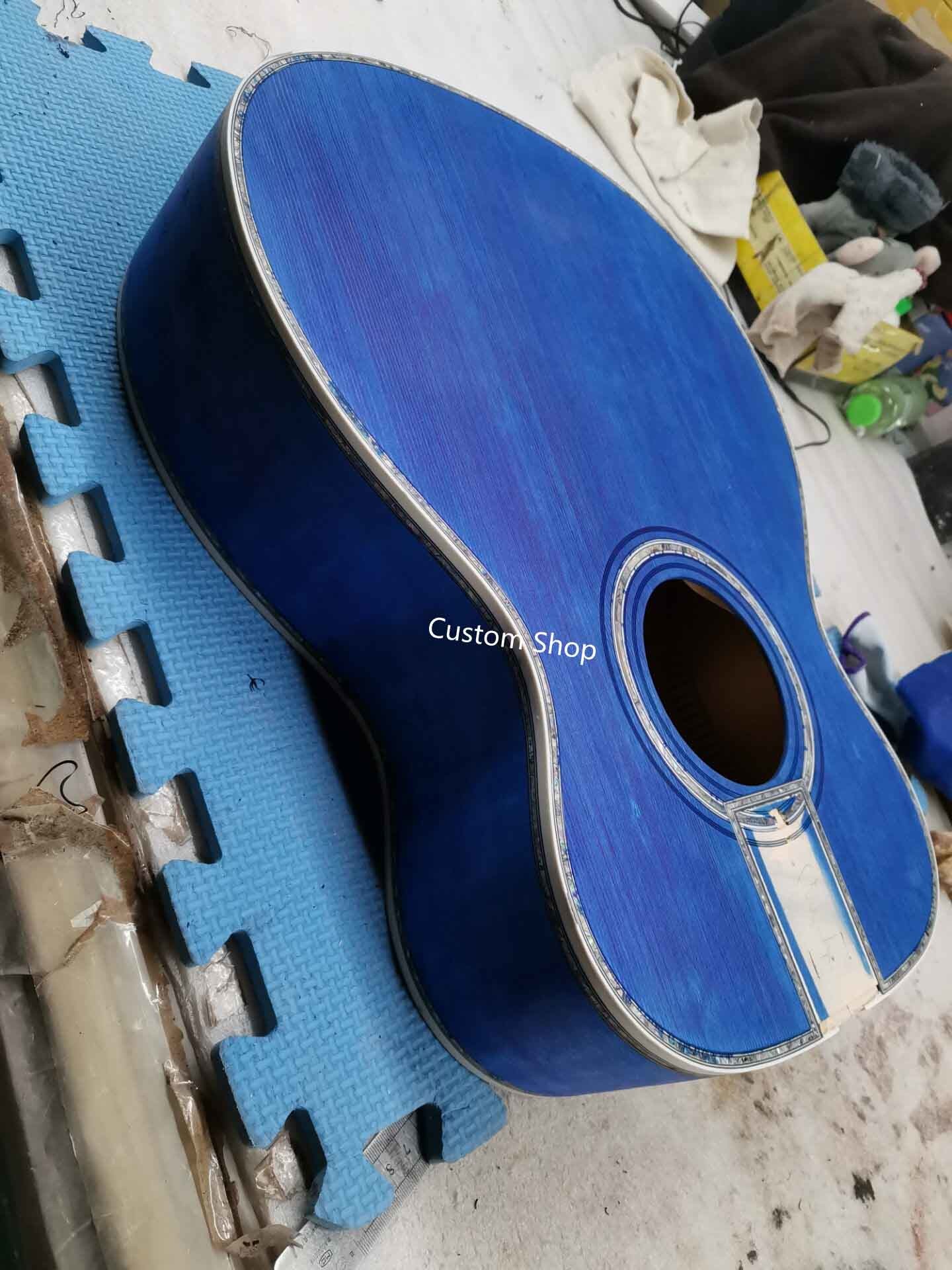 Custom 14 Frets Scalloped X Shaped Bracing OM Water Wave Top Full Abalone OM45 Blue Quilted Figured Maple Acoust