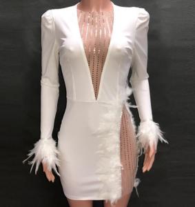 Wholesale V Neck Women Casual Dresses Mesh - Paneled Feather - Embellished Slim - Fit Dress from china suppliers