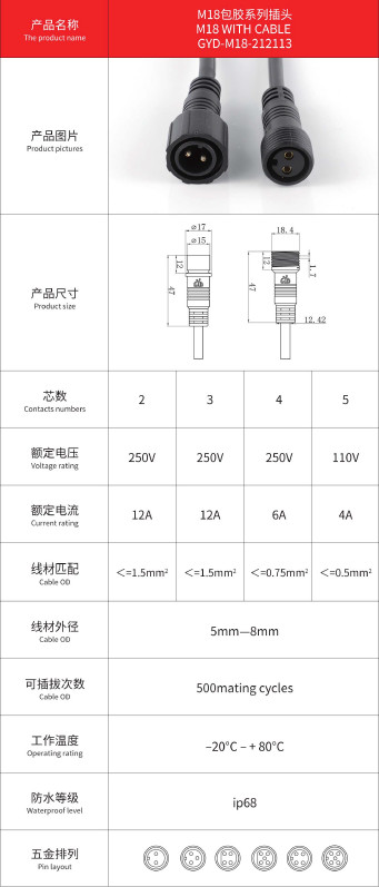 Threaded Interface Circular Big Head M18 IP68 2 Pin Connector