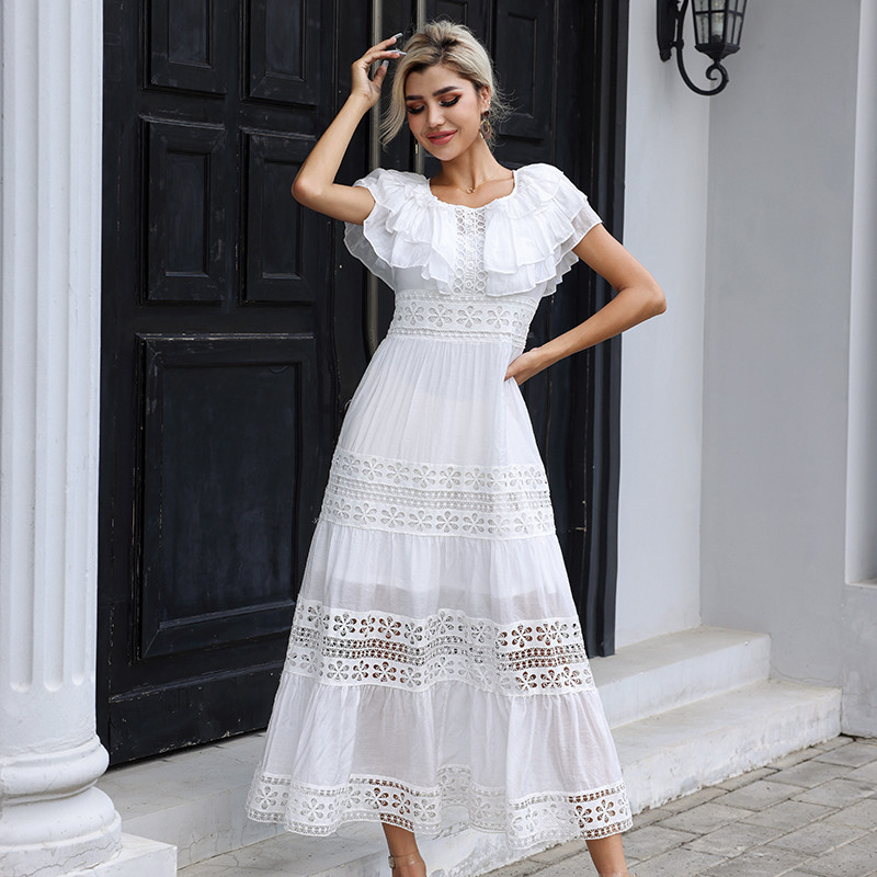 High Neck Ladies Lace Dresses Balloon Long Sleeve Lace Up Dress With Elastic Cuffs