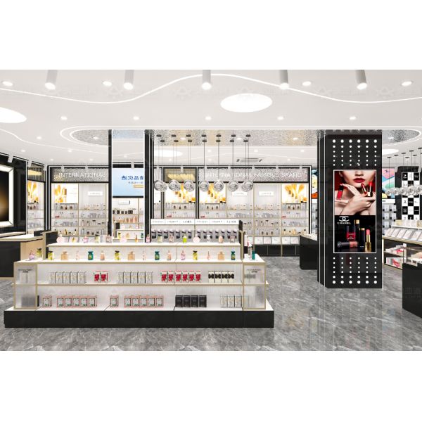 Beauty Shop Interior Design Black Gold Laminated Board Cosmetic Display Rack for Retail Store Display and Skincare Shop Decoration