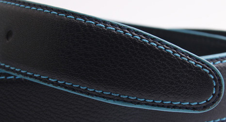Classic Mens Leather Dress Belt With Blue Stitching And Edge Painting