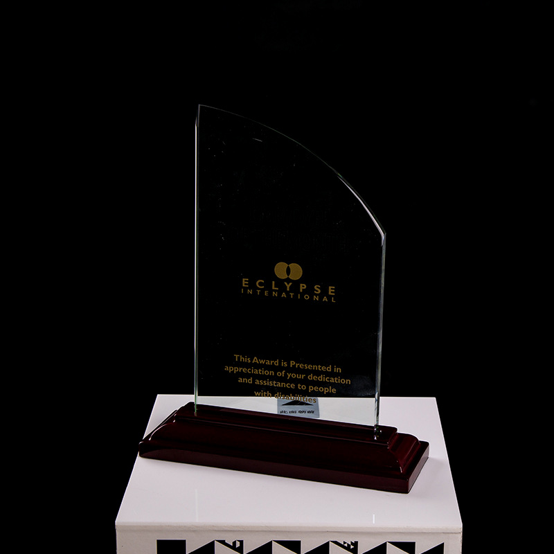 Customized shape laser engraving logo foil gold silver wooden base trophy