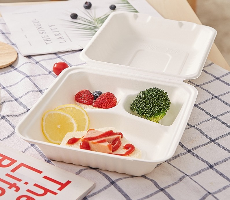 3 Compartments Biodegradable Clamshell Box Bagasse Take Out Lunch Box 9"