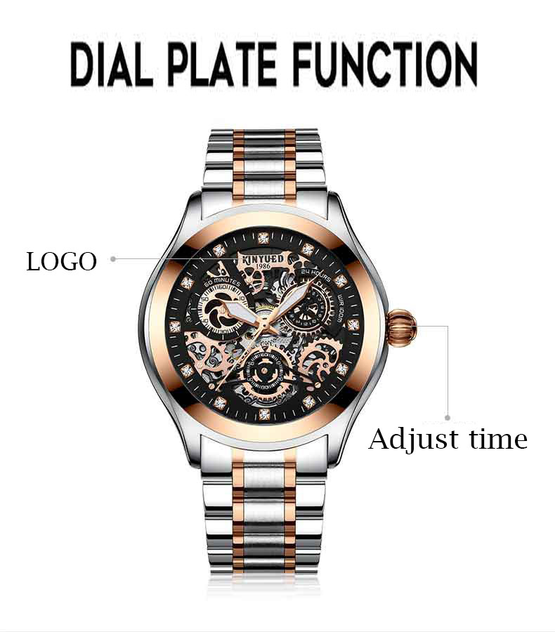 KINYUED J062 oem waterproof custom logo leather fashion tourbillon skeleton wrist watch luxury mechanical watch men wris