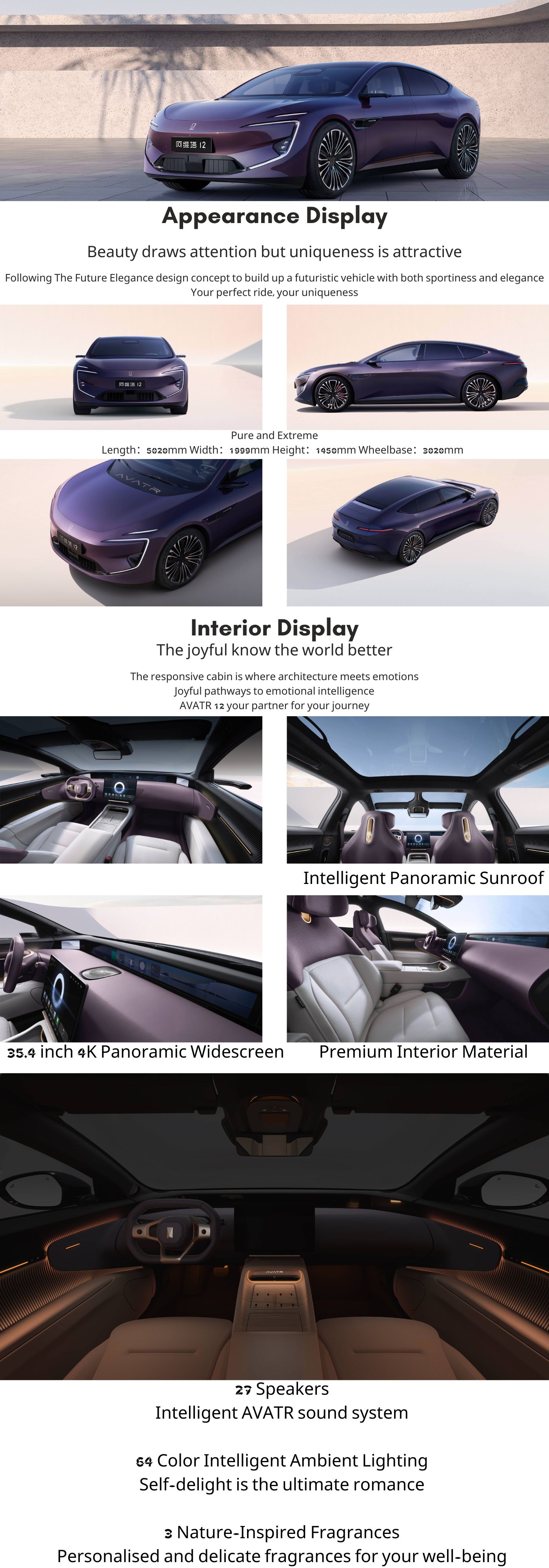 2024 Changan Avatr 12 Electric Car Seats 4-door Pure Electric 5 Seater EV Sedan with Long Range Single Dual Motor Edition
