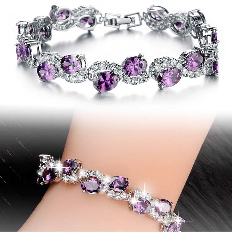 Women Platinum Plated Purple Cubic Zirconia Bracelet Wedding Jewelry(JDS924PURPLE)