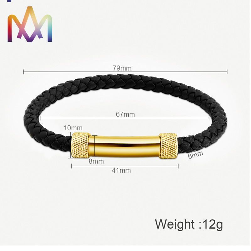 Magnetic Snap SS304 Cowhide Mens Braided Bracelet 67MM With Cylindrical Bar