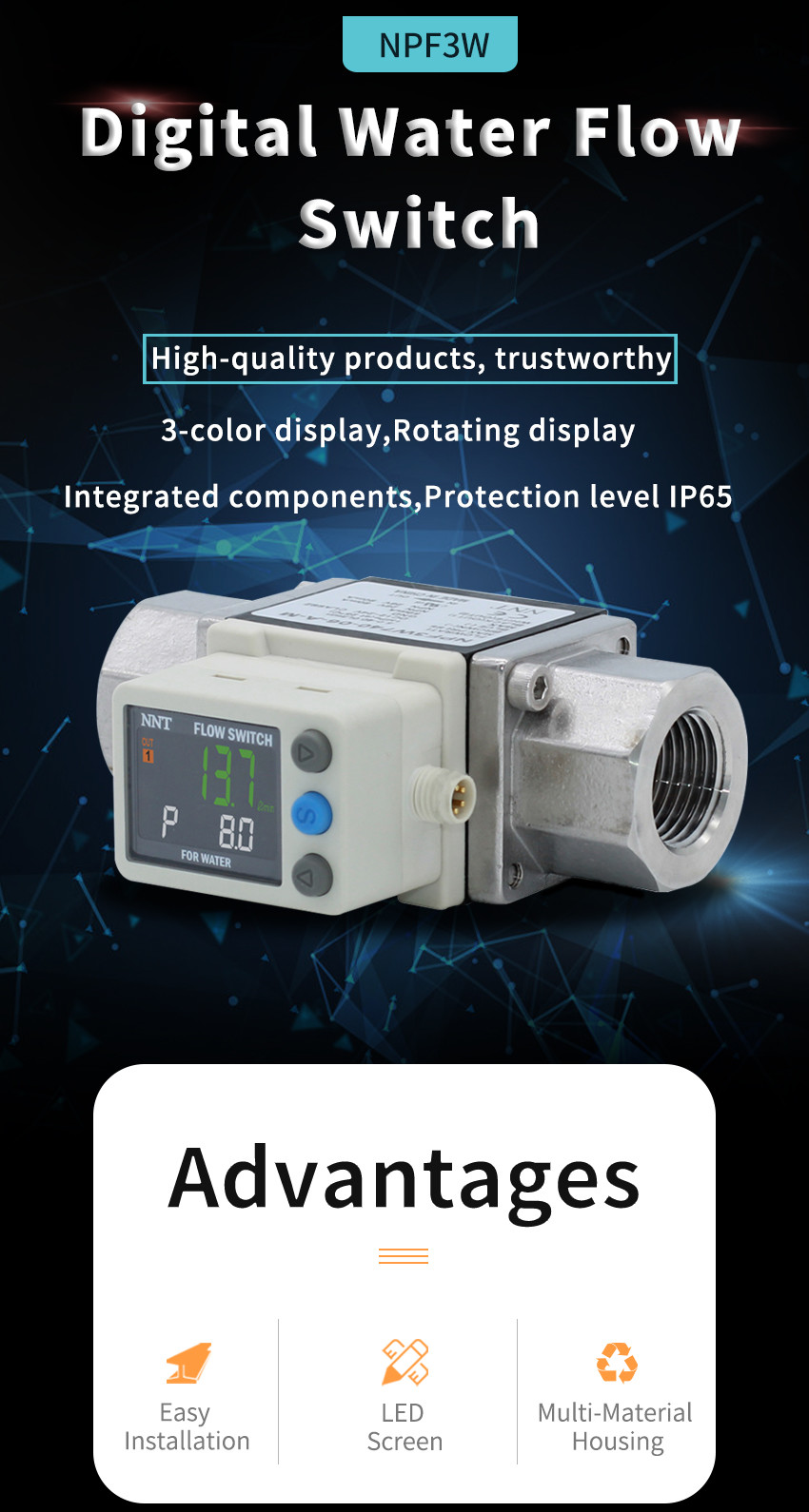 0-1MPa Water Flow Sensor Digital Flow Switch Paddle DC28V CE