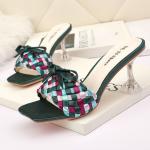7018-6 European And American Sexy Square Toe Open Toe High Heels Bow Knot Thin