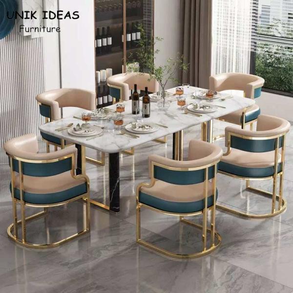 Luxury Style Metal Leather Dining Table And Chairs Iron Gilded Legs Leather Seat