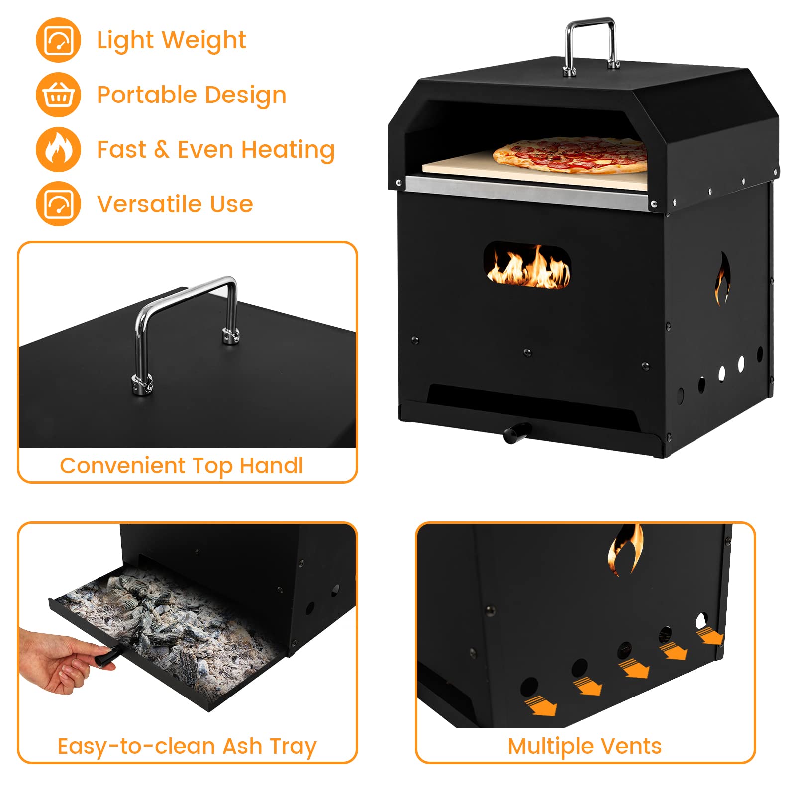 Steel 4 In 1 Outdoor Pizza Oven with 2-Layer Charcoal Firewood Pellets and Pizza Stone