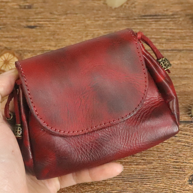 Portable Hand-rubbed Vegetable-tanned Leather Coin Purse for Women Retro Chinese-style