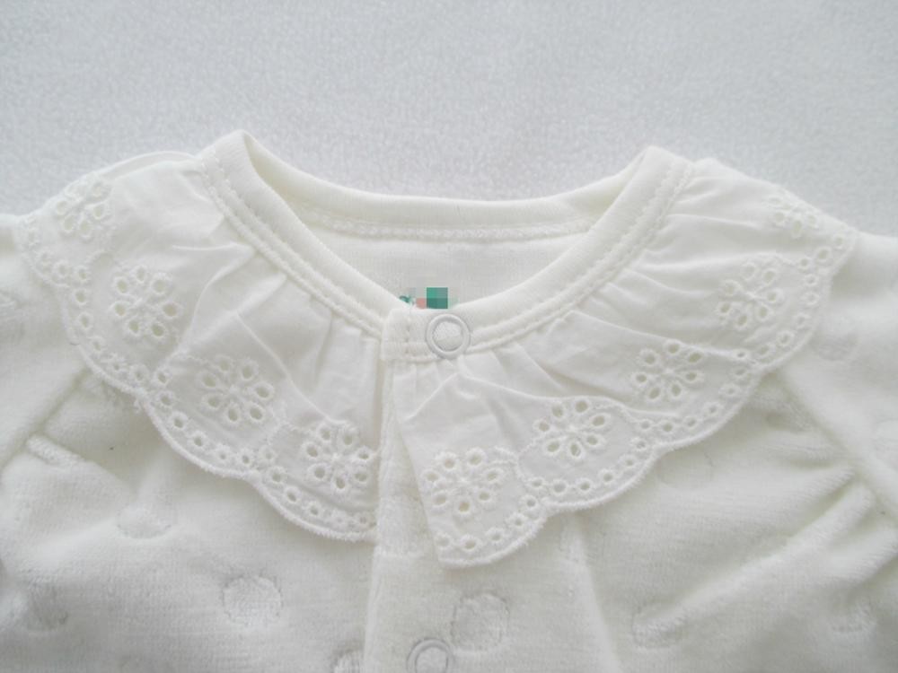 White Velour Baby Romper With Feet Embroidery Poplin Fabric Along Neckline Sleeve Cuff