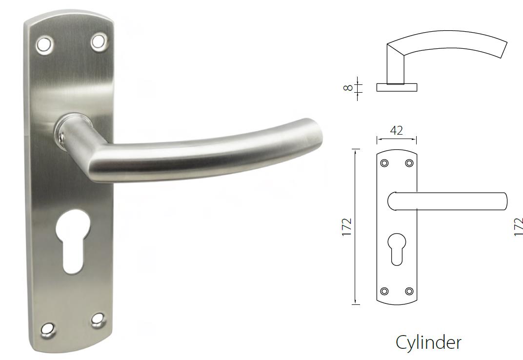 Stainless steel door handle on a spring loaded backplate