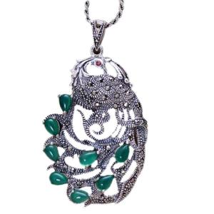 Wholesale Vintage Thai Sterling Silver Green Agate with Marcasite Peafowl Pendant Necklace(N017961W) from china suppliers