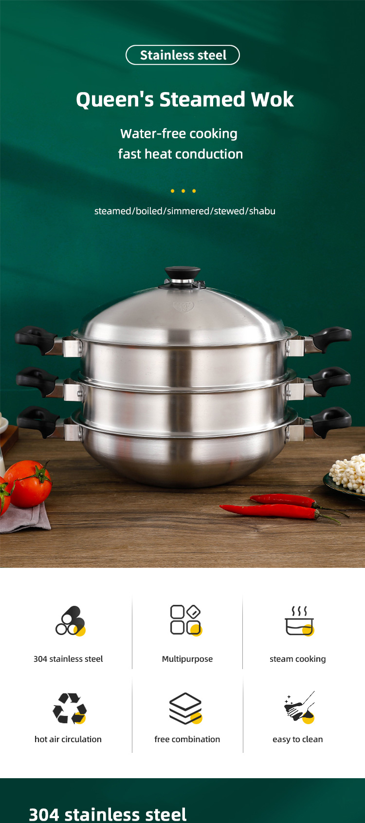 3 Layer Stackable Steamer Pot 304 Stainless Steel With Lid