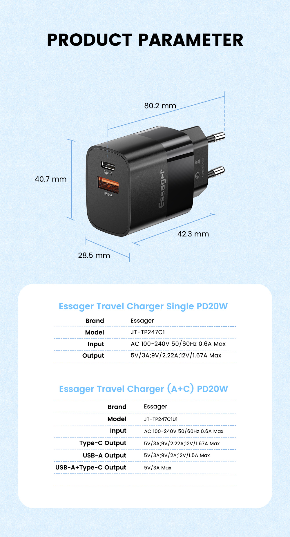 Essager 2021 PD+QC USB Charger 20W Type C Dual Ports USB Wall Charger(Stop Production)