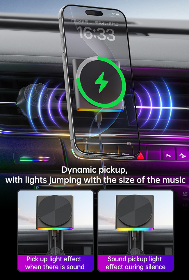 Qi2 Wireless Charger For Automotive Ultra-Thin Design Metal Material 9-Color RGB Light Effect One-Hand Operation Fast Charging