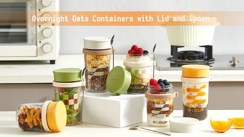 Versatile Long Spoon Reusable Overnight Oats Jar Leak Proof Wide Mouth