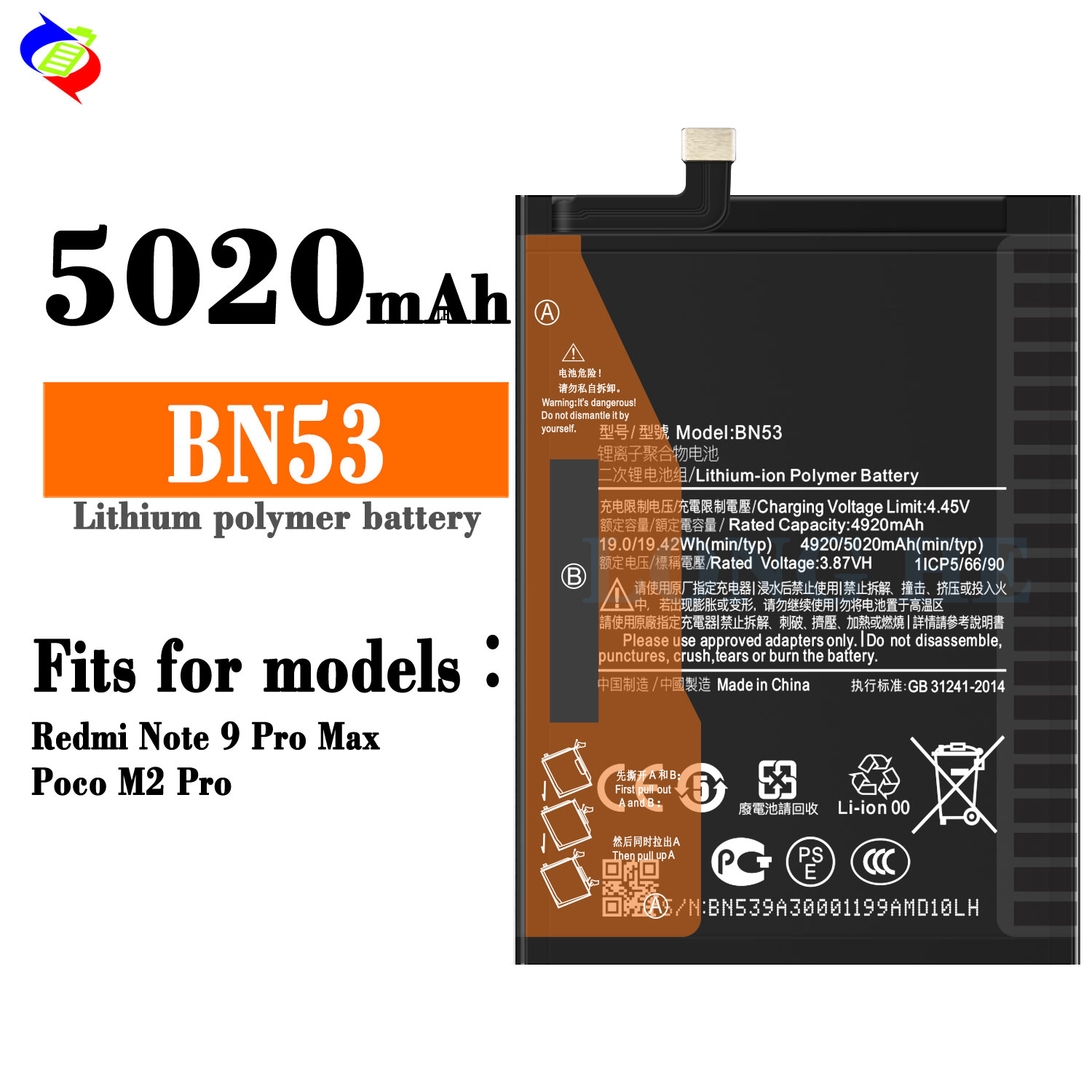 Double IC Protection Battery for Xiaomi Redmi Note 9 Pro Max BN53 5020mAh Li-Polymer