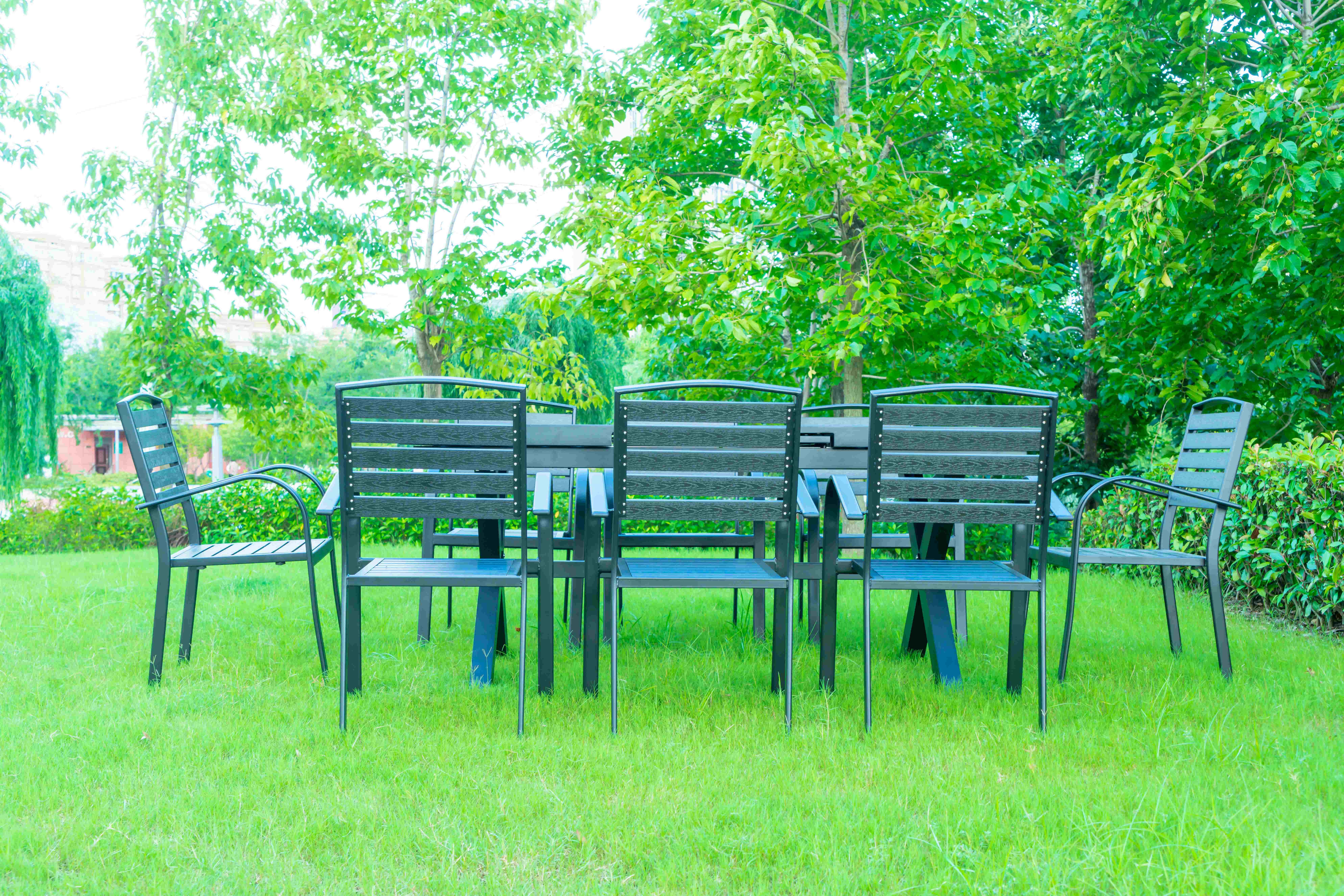 7 Pieces Extendable Modern Black Patio Restaurant 9 Piece Dining Sets Outdoor Garden Porch Aluminum Table and 8 Seater
