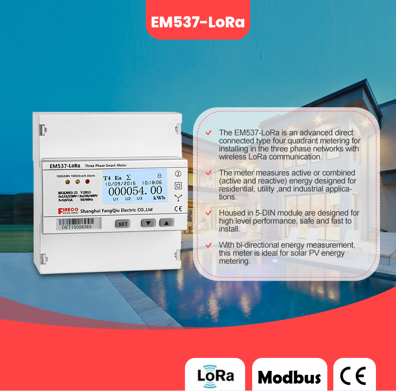 3 Phase LoRa Electricity Smart Energy Meter 85-380V L-N Digital Display Wye 5 65 A