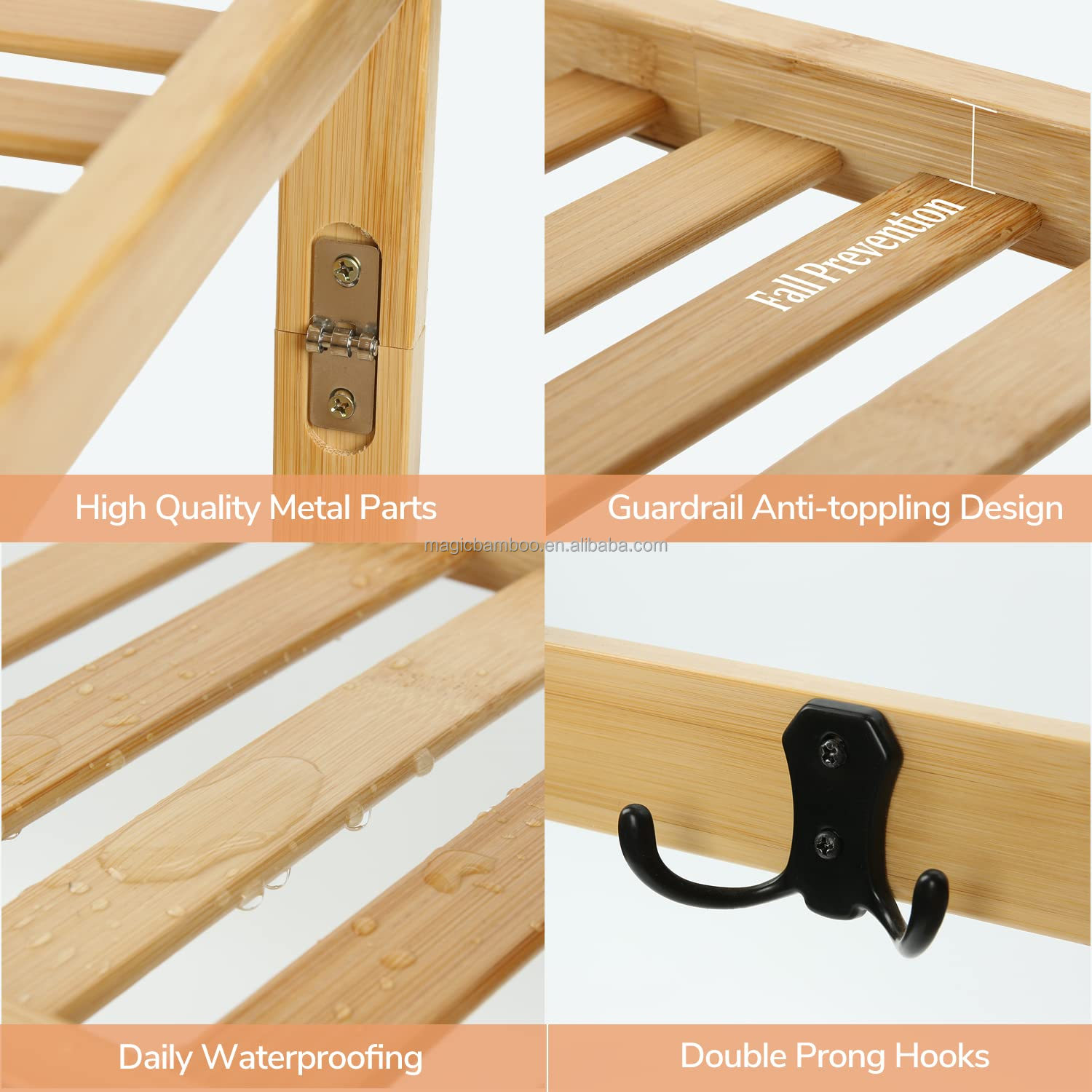 OEM Bamboo Bathroom Wall Shelf Over Toilet Storage With Hooks