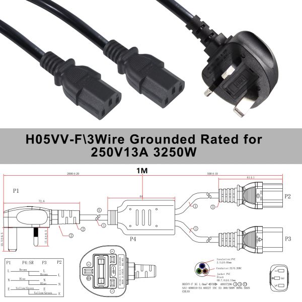 UK BS1363 to Dual IEC C13 Y Splitter Power Cord 1-7M