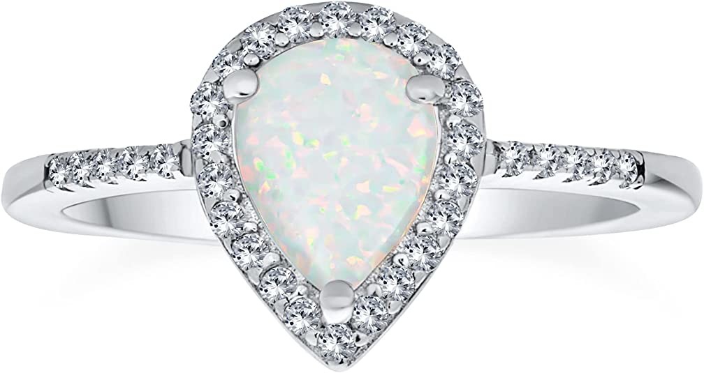 Petite Gemstone Micro Pave CZ Halo Created White Opal Ring Pear Shape Teardrop