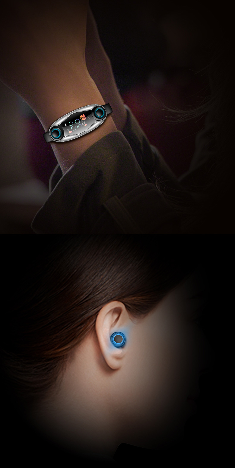 Magnetic Silicone Strap Smart Watch 0.96inch TFT Bracelet Wireless Bluetooth Earphone 2 In 1