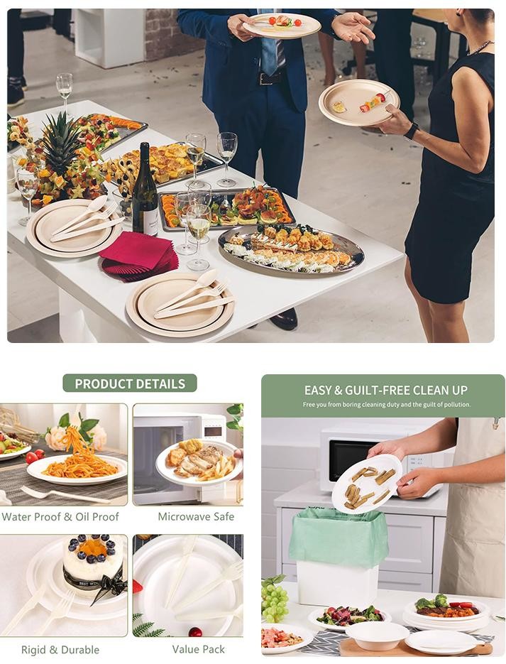 100% biodegradable Paper Tableware Sugarcane Bagasse Disposable Plates Sets Dinnerware