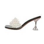 7018-3 Korean Fashion Open Toe High Heels Square Toe Pearl Thin Sandals Fine