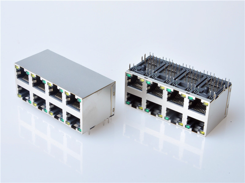 Shielded RJ45 Modular Jack Connector, Through Hole Type, Side Entry, with LED, 2x4 Ports，HULYN，RJ45