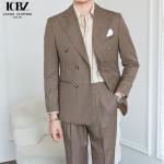 Italian Vintage Brown Suit Double Breasted Striped Jacket for Men's Professional