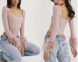 Wholesale Custom Clothing Women'S Square Neck Long Sleeve Slim Short Top WITH Boning from china suppliers