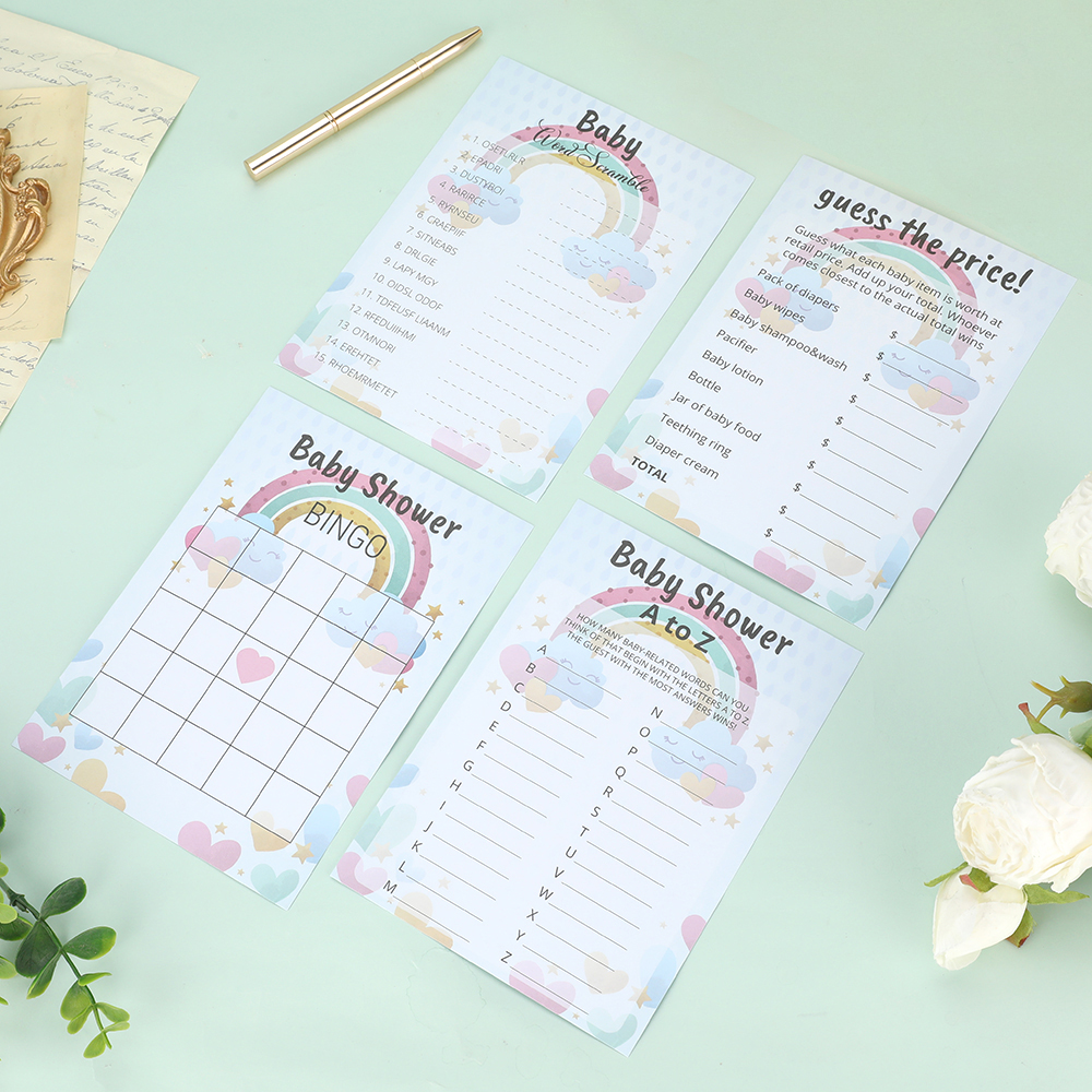 Custom 4 Games Baby Shower Game Cards CMYK Paper Perfect for A to Z and Word Scramble