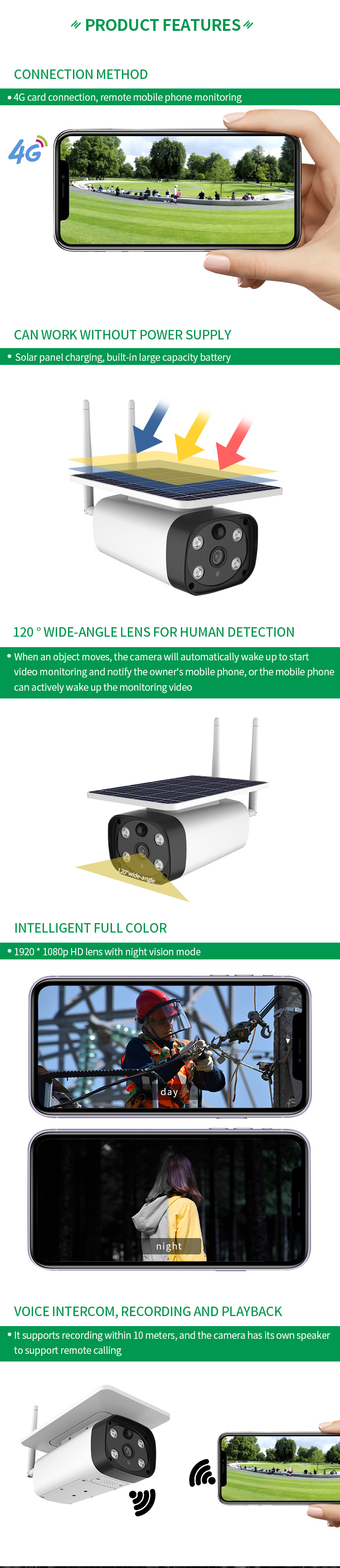 1080P 2MP 4G LTE Low Power Consumption HD Full Color Solar Security Camera
