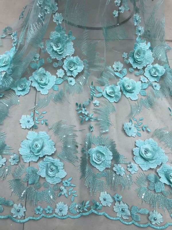 Red 3D Flower Embroidered Tulle Lace Fabric / Wedding Dresses Sequins Beaded Lace