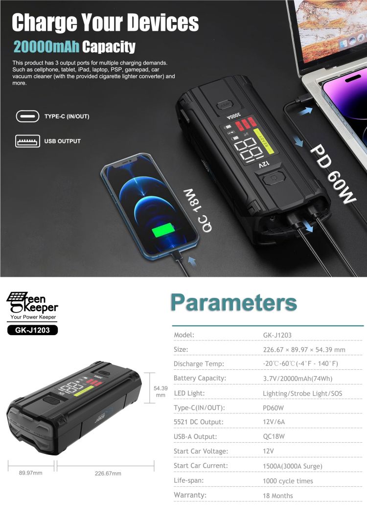 LCD Screen Function UltraSafe 12V 24V 3000A Battery Booster Pack For Car Jump Starter