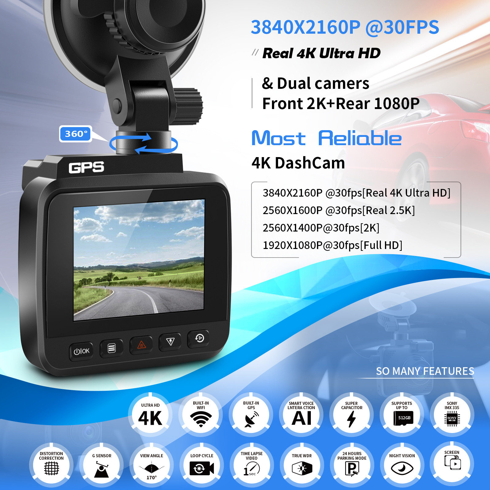 V53 Dash Cam 4K UHD Sony Night Vision Dash Cam Dual Camera GPS Wi-Fi Dashcam 24H Parking Monitor 170°FOV dvr Car Camera