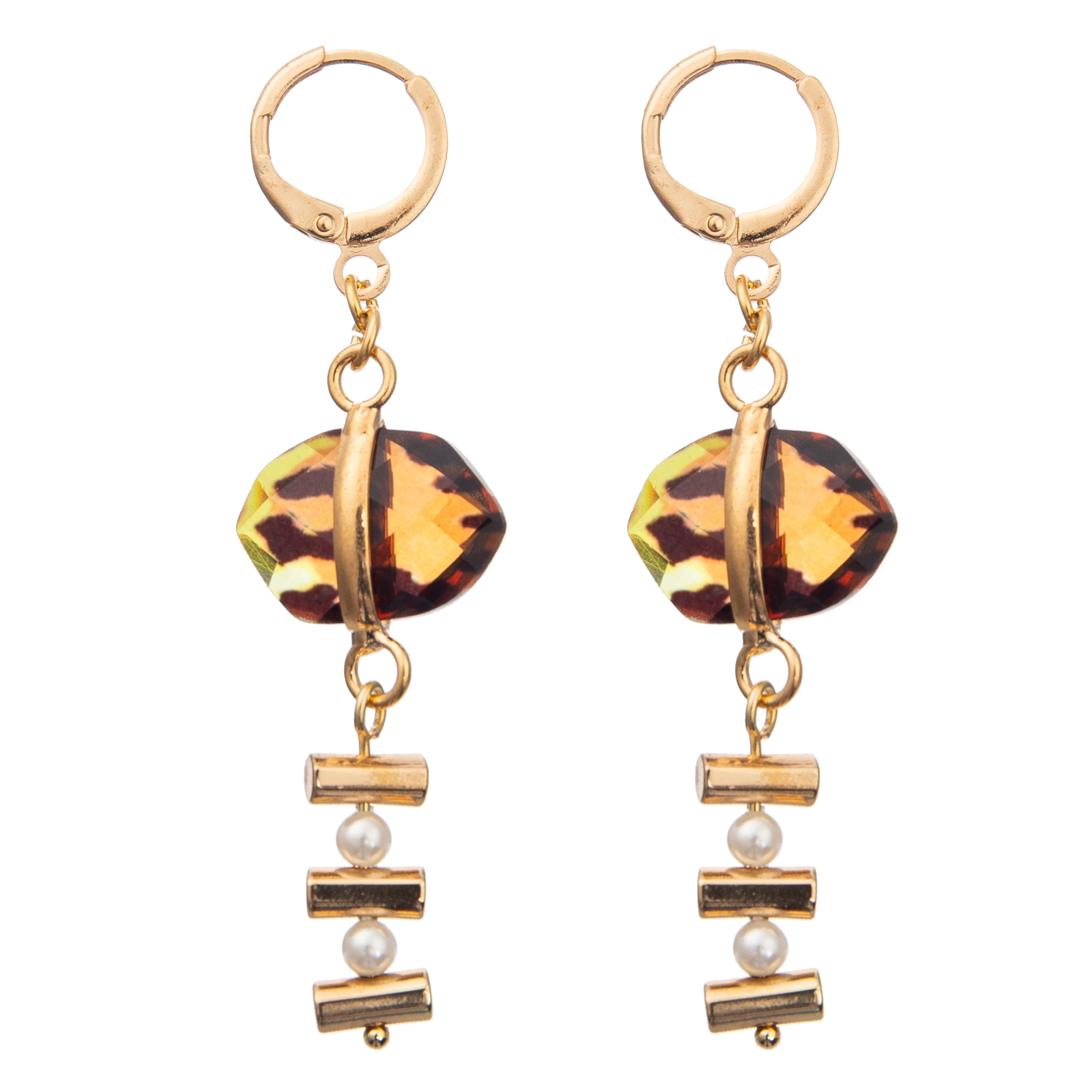 Chain Buckle Enamel Hoop Earrings Set With Gold Plated Oval Turquoise 2 Pearls