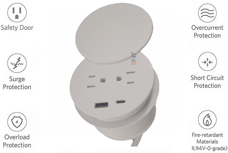 Safety Guarantee 4.92 Ft Extension Cord 1 AC Outlet Port and 2 USB Ports White For Table Desk Hole Round