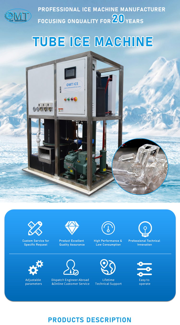 Industrial Ice Tube Maker Machine with 1000kg Ice Storage Capacity and Stainless Steel Pipe Evaporator