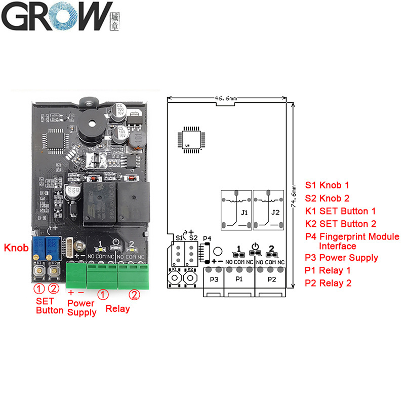 Grow K220+R502-Aw DC10-24V Two Relay Administrator/User Fingerprint Access Control Board