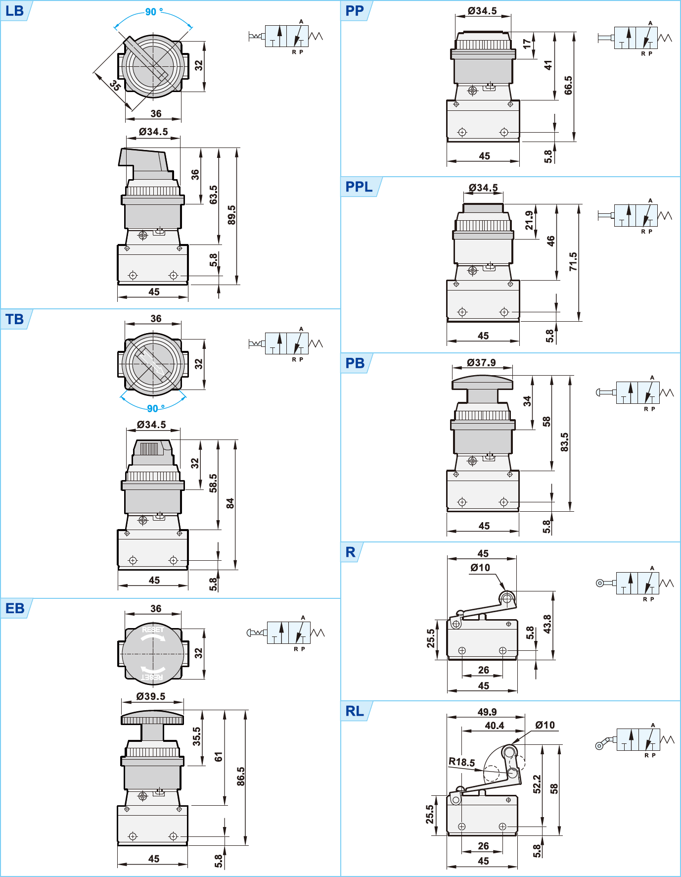 MSV8632-01R MSV8632-01TB MSV8632-01LB MSV8632-01RL SHAKO 3/2 way Mechanical Valve 1/8"