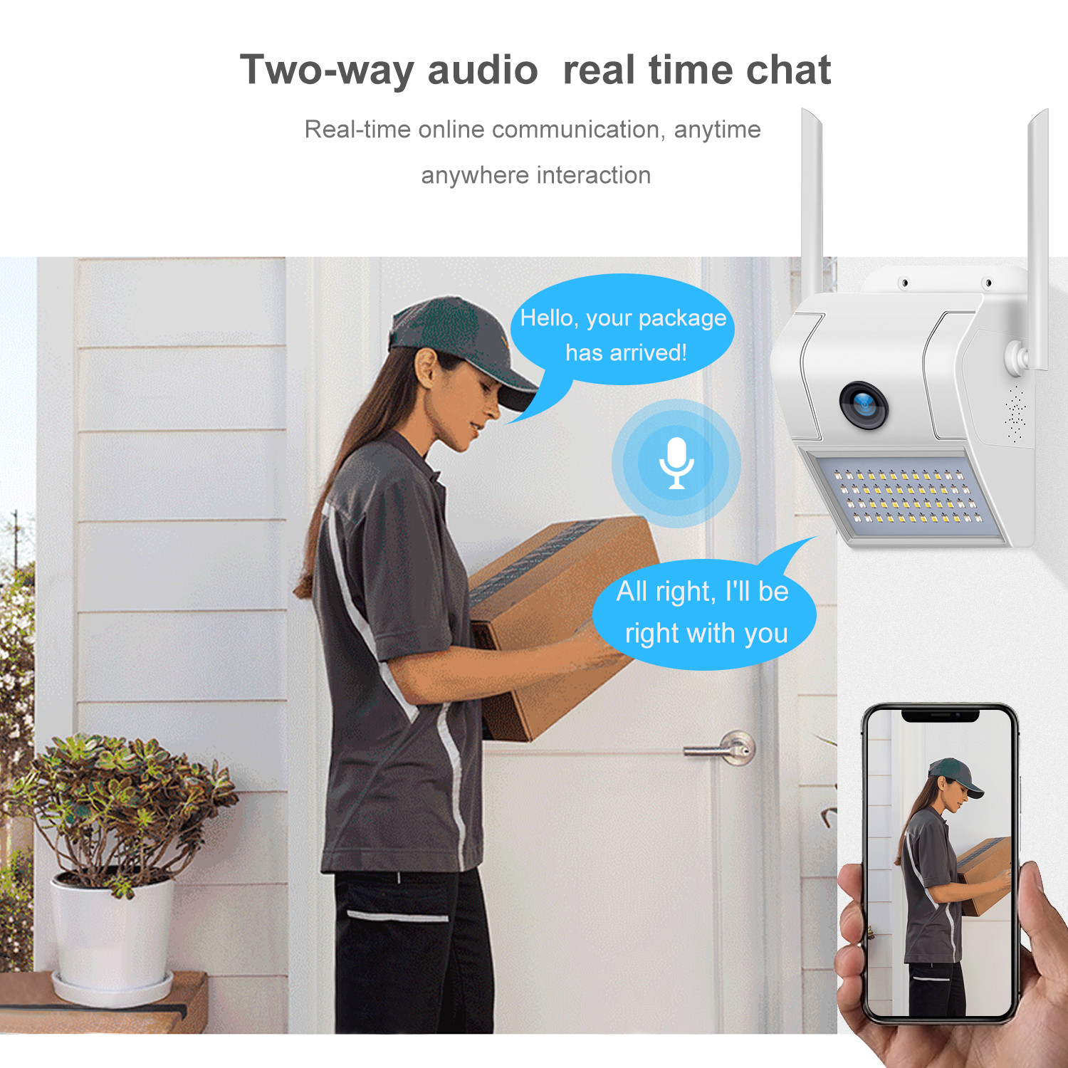 H.265 2MP wide angle view two way audio 2.8mm lens WiFi 20m ir distance TF card slot Dual light source courtyard camera