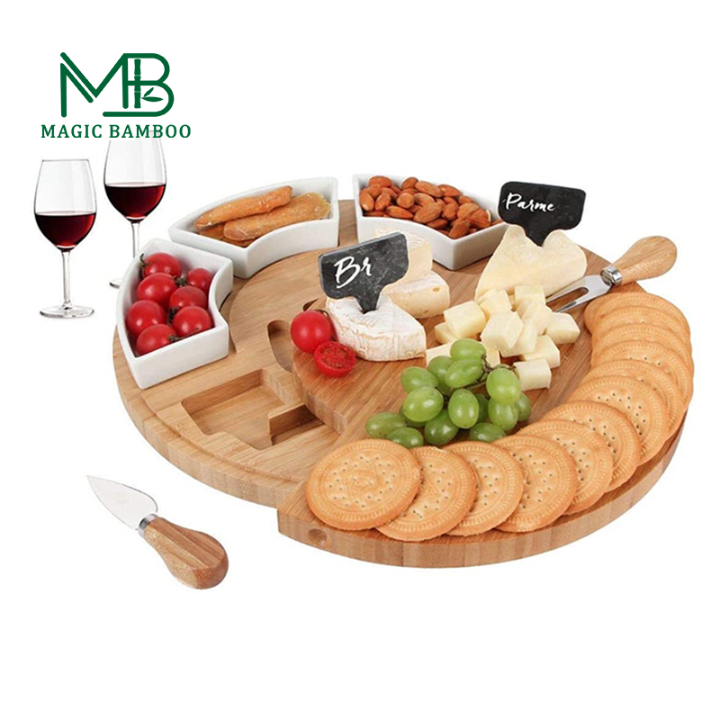 Natural Removable Snack Ceramic Server Bowls with Round Bamboo Cheese Board 33X33X5CM