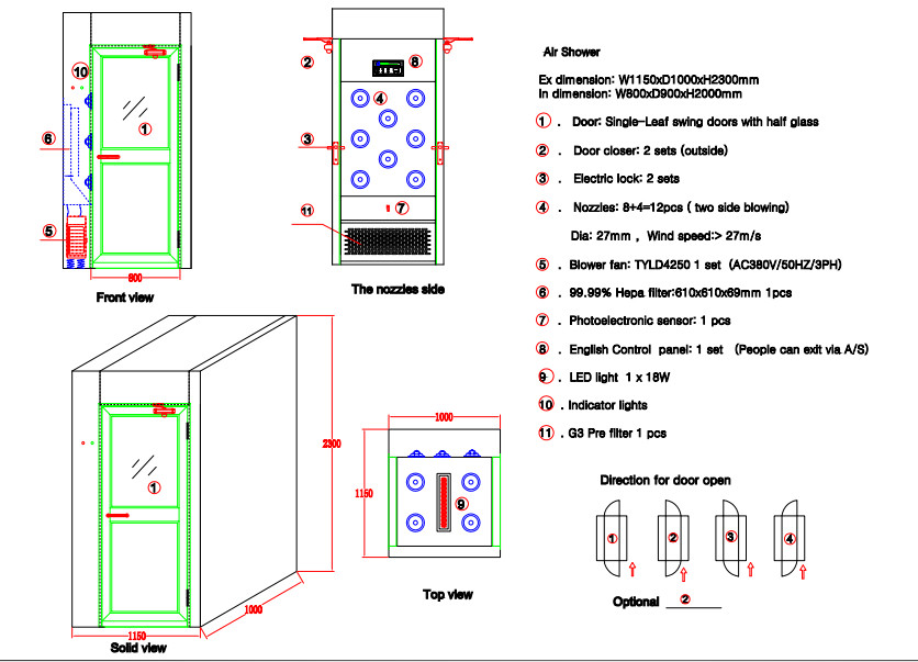 Single Blowing Personal Cleanroom Air Shower For One Person White Powder Coated Steel